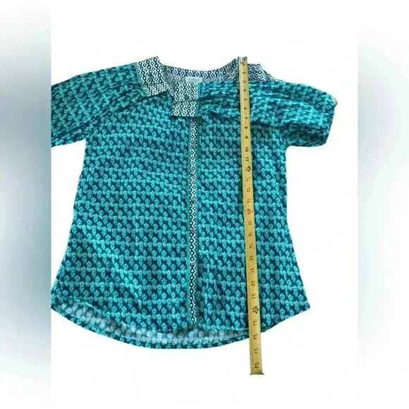 SUNDANCE Blouse Women's Size M Teal White Cotton Contrast Patterns Long Sleeve - Picture 13 of 13